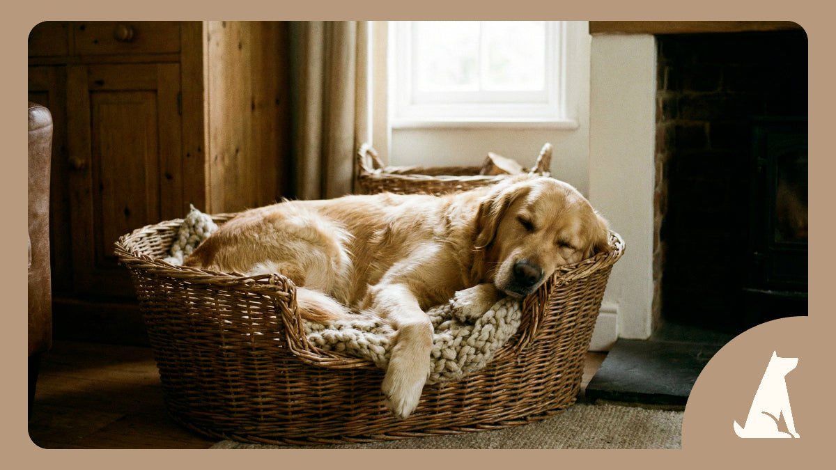 Golden retriever endormi dans son panier près d’une cheminée