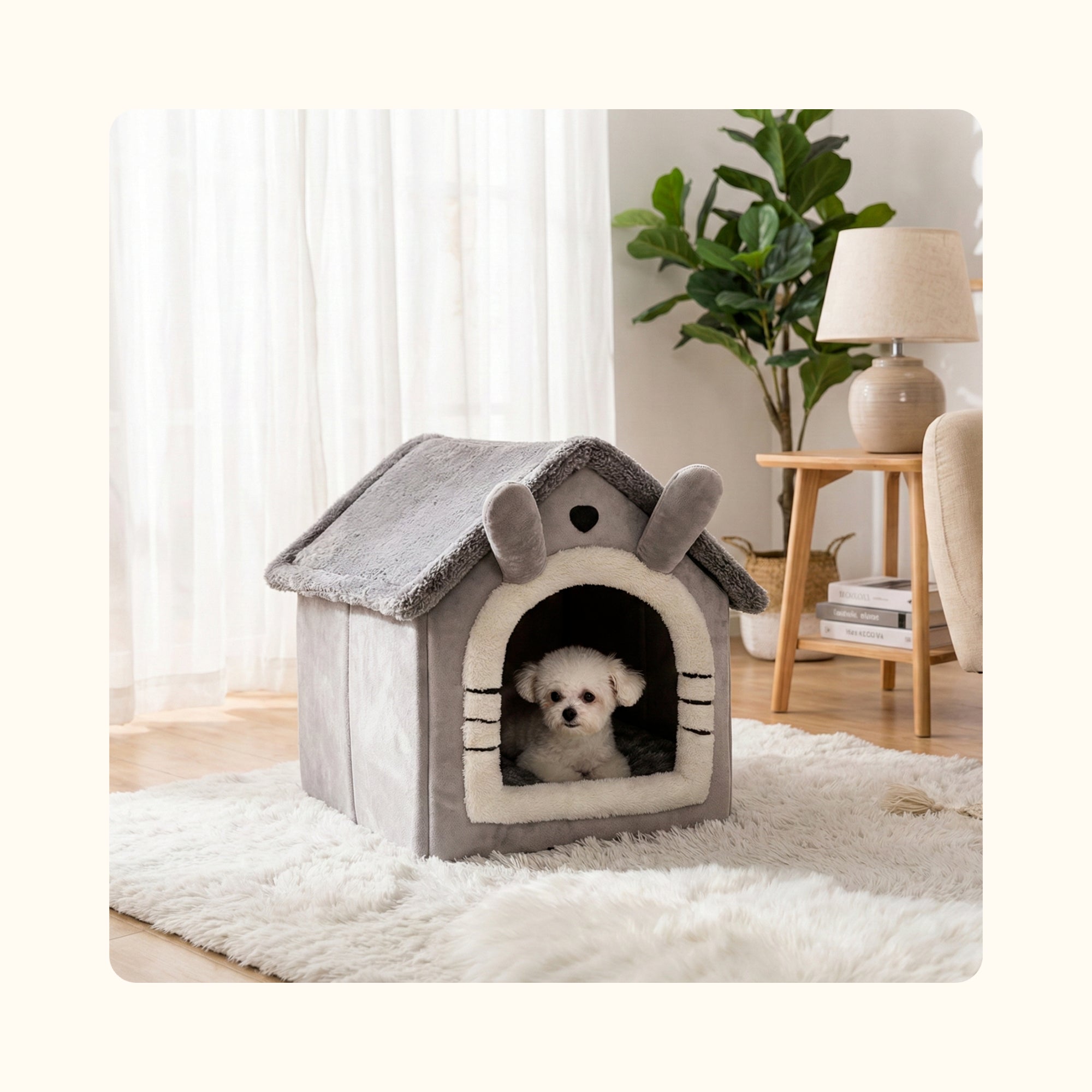 Chien bichon se reposant dans une niche d’intérieur pour chien au style moderne