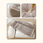 Détails du panier deepsleep avec une patte de chien sur le matelas, un rebord du panier et le panier sans sa housse