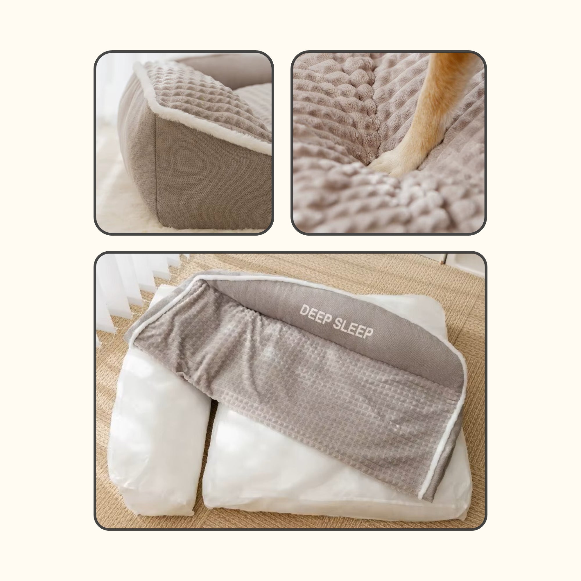 Détails du panier deepsleep avec une patte de chien sur le matelas, un rebord du panier et le panier sans sa housse