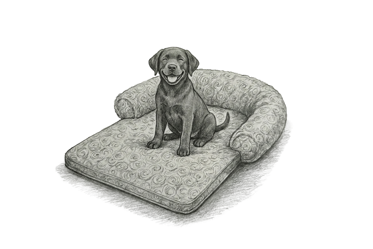 Illustration au crayon d'un labrador assis sur un coussin de protection de canapé à rebords moelleux