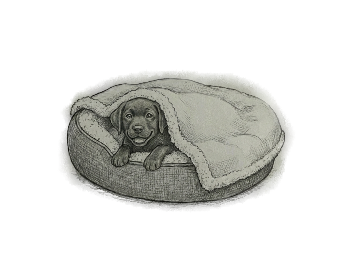 Illustration au crayon d'un chiot blotti dans un panier rond, à moitié recouvert par sa couverture intégrée