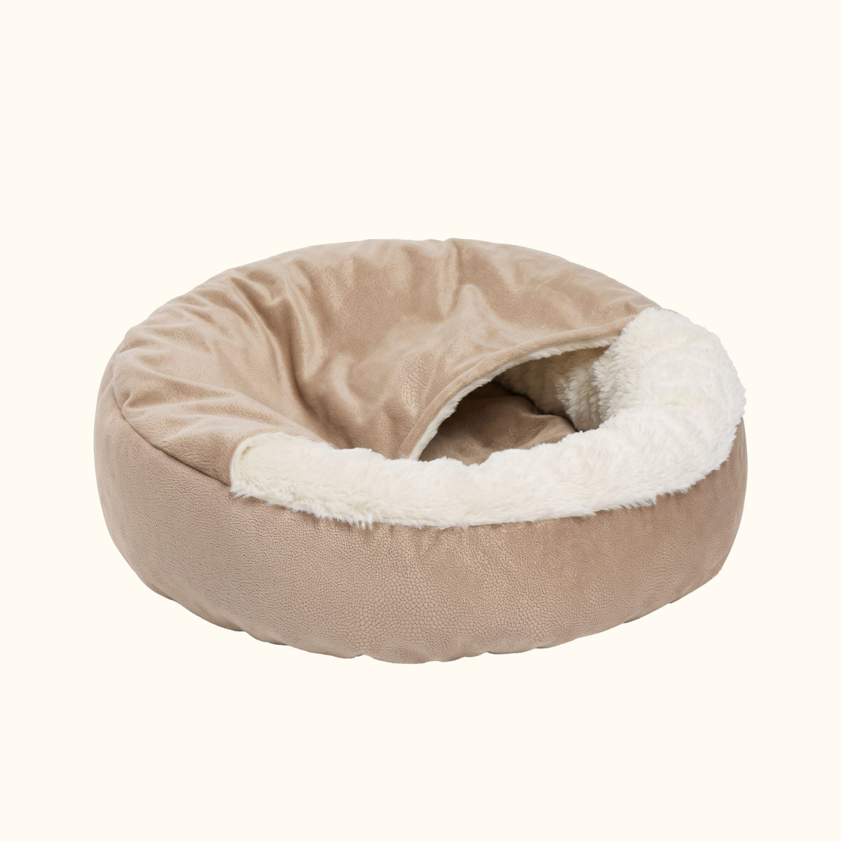 Panier apaisant rond pour chien et chat beige, intérieur en fausse fourrure crème et couverture intégrée