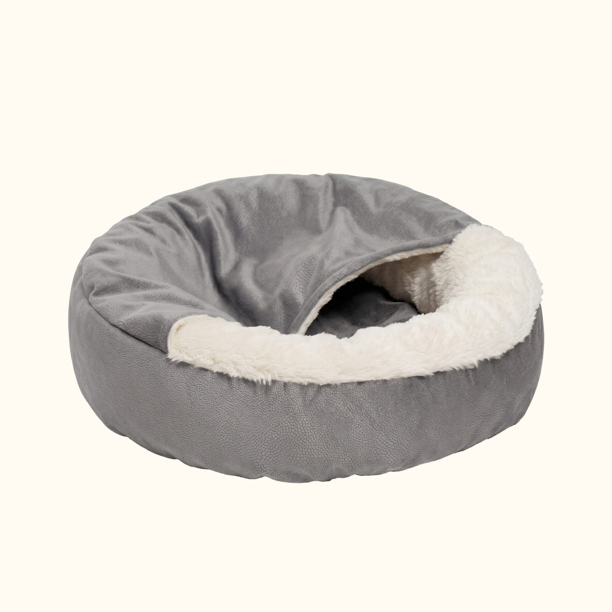 Panier apaisant rond pour chien et chat gris, intérieur en fausse fourrure crème et couverture intégrée